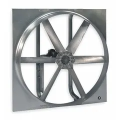 This unassembled belt-drive reversible panel fan features a 30-inch blade and is designed for industrial ventilation, air circulation, and exhaust applications. It can be configured for either supply or exhaust duty by reversing the airflow direction. The fan housing is built for durability in demanding environments, and the unit is supplied without a drive package to allow custom motor and drive component selection.