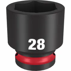 This 1/2" drive impact socket features a 28 mm metric, 6-point design for use with impact wrenches. The black phosphate finish provides corrosion resistance. Suitable for heavy-duty fastening and loosening tasks in automotive, construction, and industrial maintenance.