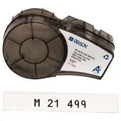 Nylon wraparound label for permanent wire and cable identification. Black print on white background. Designed for wire diameters from 0.5 in to 1.45 in. Compatible with M211 printer series; requires R4300 ribbon. Used in industrial electrical, data center, and panel-building applications.