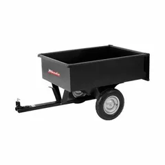 Two-wheel dump cart with a 10 cubic foot steel container and 750 lb load capacity. Constructed from 18 gauge steel for material transport in industrial and construction settings. Suitable for moving bulk materials such as soil, gravel, or scrap across job sites or warehouses.