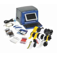 PC-connected/standalone, single-color thermal transfer printer for on-demand identification labeling. Includes Brady Workstation Safety and Facility Identification Software Suite, USB cable, and 4 in B-595 White Vinyl Label Roll. Suitable for printing labels for safety signs, pipe markers, cable wraps, and equipment tags.