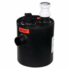 Plastic dilution tank with 1.5-gallon capacity and included inlet for mixing concentrated chemicals with water. Overall diameter 9 in, width 9 in, length 12 1/8 in. Used in janitorial, facility maintenance, and light industrial settings for safe dilution of cleaning solutions or industrial fluids.