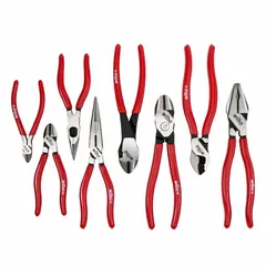 General purpose assorted pliers set containing three pliers, including two long nose pliers with cutters. Features standard cushion grips and manual operation. Supplied in a tray for organized storage. Suitable for gripping, cutting, and bending tasks in electrical, mechanical, and maintenance applications.