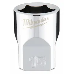 This 3/8 in drive, 15 mm, 6-point standard depth socket features an anti-roll design that prevents it from rolling on flat surfaces. The chrome finish provides corrosion resistance. Suitable for tightening or loosening metric fasteners in industrial maintenance, assembly, and repair applications.