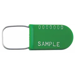Plastic padlock seals with a 1 5/8 in lock length and 8 lb breaking strength. Each seal is sequentially numbered and marked 'Sealed' in white. Supplied in packs of 1,000. Used for securing metal hasps on containers, cabinets, and meters to provide tamper-evident locking.