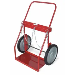 Welding cylinder hand truck with 500 lb capacity. Side-by-side configuration holds two cylinders. Nose plate measures 24 in W x 13 in D. Includes chain for securing cylinders. Used for transporting gas cylinders in industrial and workshop environments.