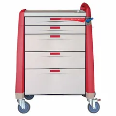 This general medical supply cart is constructed from red polymer and features five drawers for organizing and transporting medical supplies. The caster configuration includes one swivel caster with brake and three swivel casters, allowing for maneuverability and secure positioning. Suitable for use in healthcare environments where quick access to supplies is needed.