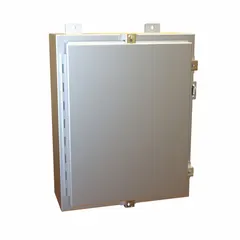 This HAMMOND aluminum washdown enclosure measures 20 x 16 x 6 inches and features a solid cover secured by clamps. It is rated NEMA 12/13/4/4X for protection against dust, water, and corrosion. A mounting panel is included; knockouts are not provided. Typical applications include housing electrical controls and instrumentation in environments requiring washdown or exposure to moisture and contaminants.