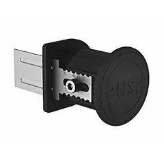 This emergency slam latch opener is a non-locking, powder-coated polyamide component designed for use with double extrusion profiles in 15, 40, and 45 Series. It provides quick access in emergency situations and is suitable for industrial machine guarding, safety enclosures, and access panels. Fasteners are not included.