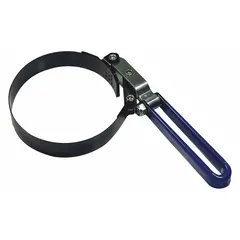 This oil filter strap wrench features a spring steel strap with a 1-inch width for gripping and removing oil filters. The tool is constructed from alloy steel and spring steel, providing strength for repeated use in automotive and equipment maintenance.