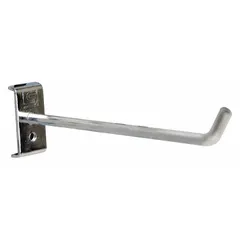 This TRESTON single hook is designed for square-hole pegboards, made of steel with a zinc-plated silver finish. It features a screw-in locking system for secure attachment and includes bolts for surface mounting. Suitable for organizing tools and hardware in workshops, garages, and industrial storage areas.