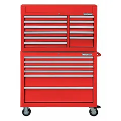 This heavy-duty top chest and rolling cabinet combination provides organized storage for tools and equipment in workshops and garages. It features 17 drawers with ball-bearing slides for smooth operation and a keyed locking system for security. The unit is finished in red powder coating.