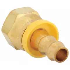 This brass push-on hose fitting connects JIC (37° flare) male threads to a hose barb for air, water, and chemical lines. It features a 1/2 in x 3/8 in fitting size, female x male gender, and a swivel, straight configuration. Suitable for industrial fluid handling, pneumatic systems, and chemical transfer applications.