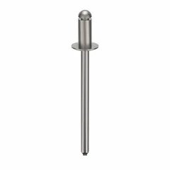 This domed-head blind rivet is used for fastening materials where only one-sided access is available, common in sheet metal, automotive, and general fabrication. It has a 0.124-inch diameter, 1 9/26-inch length, 1/4-inch body length, and 1 11/32-inch overall length. Supplied in a 500-pack.