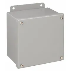 WIEGMANN B080804SC steel enclosure with dimensions 8 in x 8 in x 4 in. Rated NEMA 12/13 for protection against dust, dirt, and non-corrosive liquids. Solid cover secured with screws; no knockouts included. Suitable for housing electrical controls and components in industrial environments.