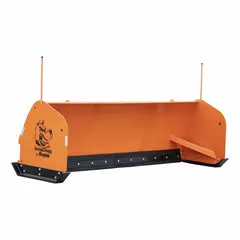 This snow pusher is designed for track loaders requiring 100 hp. It features a carbon steel moldboard and steel pusher shoes, suitable for clearing snow from large areas such as parking lots, roadways, and industrial sites.