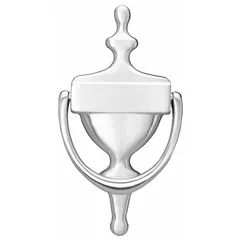 This chrome door knocker serves as a decorative and functional accessory for entry doors, allowing visitors to announce their arrival. Its chrome finish provides a polished look suitable for various architectural styles.
