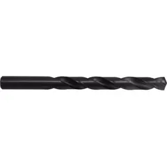 General-purpose high-speed steel jobber-length drill bit with a 135° split point and black oxide finish. The split point reduces walking and eliminates the need for a center punch. Suitable for drilling in metal, wood, and plastics in production and maintenance applications.