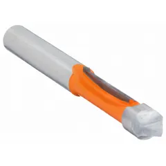 This carbide-tipped flush-trim profile router bit has a 1/4 in cutter diameter and a single flute. It is used for trimming laminate, veneer, or solid wood flush with a template or substrate in woodworking applications such as cabinet making and countertop fabrication.