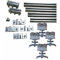 This track festoon kit includes a C-Rail track and is designed for use with round cables or hoses. It has a 70 ft track length and requires a minimum of 79 ft of cable or hose. Typical applications include supplying power and control to moving equipment such as crane bridges, hoists, and automated machinery.