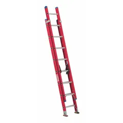 This two-section fiberglass extension ladder is non-conductive and rated for 300 lb. It features a fixed fly and mar-resistant end caps. Suitable for industrial maintenance, construction, and electrical work where a non-conductive platform is required.