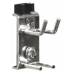 This double rod hook for square-hole pegboards is made of steel with a zinc-plated silver finish. It features a screw-in locking system for surface mounting and includes a black holding clip. Designed for organizing tools, parts, or supplies in workshops and storage areas.