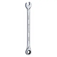 This metric 12-point ratcheting combination wrench features an 11 mm head size and a 7 5/8 in overall length. Made of alloy steel with a chrome finish, it is suited for general fastening tasks such as tightening or loosening bolts and nuts in maintenance and repair applications.