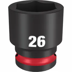 This 1/2" drive impact socket is designed for use with impact wrenches on 26 mm metric fasteners. The 6-point configuration provides a secure grip on hex fasteners, reducing rounding. Suitable for automotive, construction, and industrial applications requiring high torque.