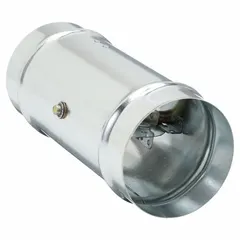 Round fire damper with a 6 in duct diameter and 14 in length. Features a galvanized steel frame, butterfly blade, and spring closure. Designed for vertical mounting in HVAC ductwork to automatically close during a fire.