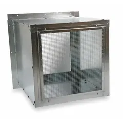 Steel wall housing for enclosing and supporting a wall-mount ventilation fan with an 18-inch blade diameter. Constructed from 18-gauge steel with dimensions of 23 5/8 inches by 23 5/8 inches. Includes four mounting angles for installation. Suitable for directing airflow and protecting the fan assembly in exhaust or intake ventilation systems.