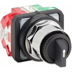 This 3-position maintained selector switch features a long-handled knob and metallic bezel for panel-mount applications. It offers Off/On/On switching with AC contact rating of 10 A @ 600 V and DC contact rating of 0.27 A @ 250 V. The non-illuminated plastic operator head and metallic construction suit industrial control panels requiring manual mode selection or circuit enabling.