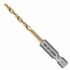 This 1/8" hex shank drill bit features a 135° split point and TiN-coated HSS construction. It is impact rated for use with impact drivers. Suitable for drilling into metal, wood, and plastic.