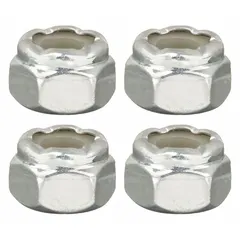 This hex lock nut set is a replacement part for hand trucks, sold as a 4-pack. It is designed to secure wheel or axle assemblies on industrial hand trucks during material handling tasks.