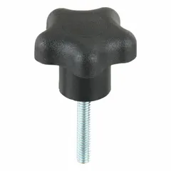 This 5-arm knob features a plastic body with a steel thread insert for corrosion resistance. It has a 1/4"-20 thread size and 1.5 in thread length. Used for manual clamping, positioning, and adjustment on machinery, fixtures, and industrial equipment.