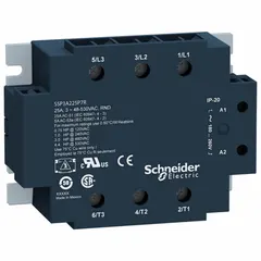 Panel-mounted solid state relay with SCR AC output, rated for 48 to 530 VAC and 50 A maximum output current. Features screw clamp terminals and finger-safe design. Input current range 7 to 20 mA. Suitable for switching AC loads in industrial control panels and automation systems.