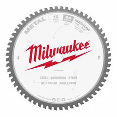 Carbide circular saw blade with 12 in diameter, 60 teeth, 0.09 in cut width, and 1 in arbor. Designed for cutting non-ferrous metals such as aluminum, copper, and brass. Suitable for use in fabrication, metalworking, and construction for clean cuts in sheet metal, extrusions, or tubing.