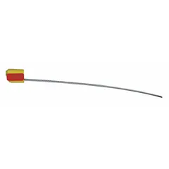 These adjustable-length cable seals feature a zinc body with yellow finish and a 12-inch cable length of 1/8-inch diameter. Black sequential numbering and the marking message 'Sealed' are included. Supplied in a 100-pack, they are used for tamper-evident securing of cargo, meters, and industrial equipment.