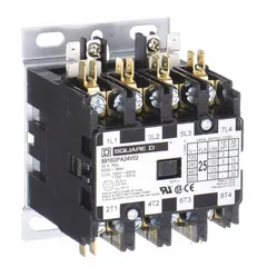 Three-phase, non-reversing definite purpose contactor with 4 normally open poles. Rated 40 A, 600V AC maximum. Coil voltage 220/208-240V AC. Quick-disconnect terminals. Suitable for on/off control of HVACR equipment such as compressors, fan motors, and refrigeration units.