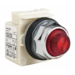 Red incandescent pilot light for 30 mm panel mounting. Part of the 9001K series. Used for visual indication of machine status or power-on conditions in industrial control panels and automation systems. No push-to-test function included.