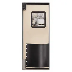 Single-door washdown swinging door in beige with textured polyethylene construction. Includes a polycarbonate window and door seals. Suitable for sanitary environments requiring frequent high-pressure washdown.