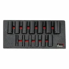 This 13-piece SAE impact socket set includes sizes from 1/2 in to 1-1/4 in with a 1/2 in drive. The friction retention mechanism secures sockets during high-torque fastening and loosening tasks in automotive, industrial, and construction applications.