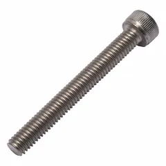 Metric standard socket head cap screw with M6x1.00 thread, 50 mm length, 6 mm head height, and 5 mm drive size. Made from Grade 2 titanium with plain finish. Used in industrial assemblies requiring corrosion resistance and high strength-to-weight ratio, such as aerospace, marine, and chemical processing equipment.