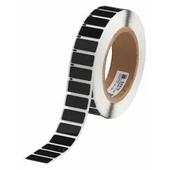 Polyester, black gloss precut label roll with 500 labels per roll, each measuring 31/64 x 1 1/16 in. Compatible with THT printer series. Used for raised panel labeling in electrical cabinets and control panels, providing clear identification in industrial environments.