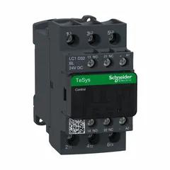 3-pole non-reversing IEC contactor with 3 normally open (NO) contacts rated at 32 A. Coil voltage is 24V DC. Integrated surge suppression is included. Used for switching motors, lighting, and heating loads in industrial control panels and automation systems.
