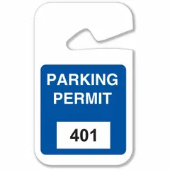 Plastic parking hanger in blue with white imprinting. Each hanger measures 4-3/4 inches in height and 2-3/4 inches in width. Supplied in packs of 100. Used for designating authorized parking in lots.