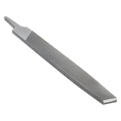 Rectangular file with a tapered single-cut design and bastard cut teeth. Measures 14 inches long without tang, 1 7/16 inches wide, and 9/32 inches thick. Suitable for deburring, smoothing, and shaping metal surfaces in machining and fabrication tasks.