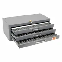 This end mill chest features 68 compartments designed to organize end mills with diameters from 2 mm to 25 mm. It provides dedicated storage for cutting tools in machine shops and manufacturing facilities, helping to keep tools accessible and protected