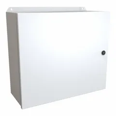 This steel washdown enclosure measures 14 x 16 x 6 inches and is rated NEMA 12/13/3R/4. It includes a panel and a solid cover secured by latches. No knockouts are provided. Suitable for protecting electrical components in indoor or outdoor industrial environments where protection from dust, water, and corrosion is required.