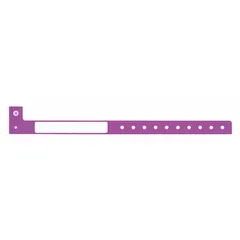 Plastic security wristband in purple, 10 inches long and 1 1/4 inches wide. Sold in packs of 500. Suitable for temporary identification and access control at events, industrial sites, and other security applications.