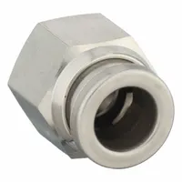 Stainless steel push-to-connect tube fitting with a #10-32 male UNF thread. Connects 1/4 in OD tubing to threaded ports in pneumatic systems. Suitable for applications requiring corrosion resistance and secure, leak-free connections